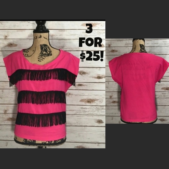 Tea n Rose Neon Pink Black Fringe Retro Top S - Picture 3 of 6
